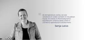 A smiling woman in a textured jacket sits next to a quote by Senja Leivo.