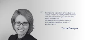 A black and white portrait of a smiling woman next to a text quote by Tricia Breeger.