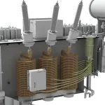 A 3D model of a large electrical transformer.
