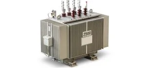 A large industrial electrical transformer sits against a white background.