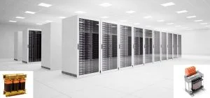 Rows of tall white server racks stand in a bright, white room.