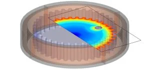 A 3D cross-section diagram shows a colorful heat map inside a cylindrical object with gear-like teeth.