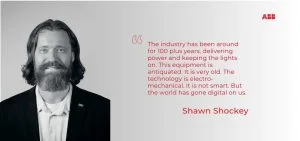 A man with a beard and long hair stands next to a quote and the ABB logo.