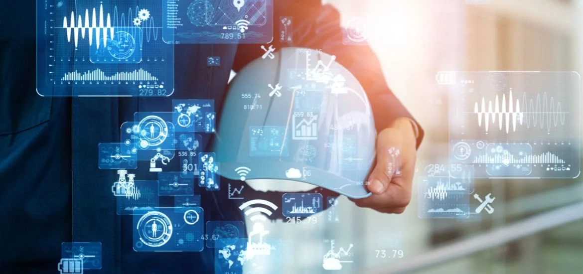 A person holds a white hard hat surrounded by digital data overlays.