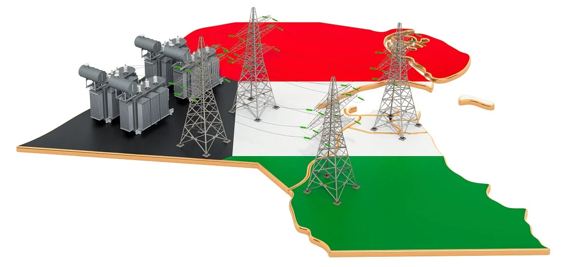 Electrical towers and transformers stand on a 3D map of the United Arab Emirates flag.