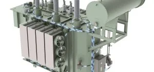 A large industrial electrical transformer with cooling fins and insulators.