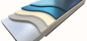 Layered, wavy sheets in blue, cream, and silver are stacked on top of each other.