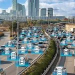 A highway filled with cars is overlaid with numerous blue and white rectangular icons.