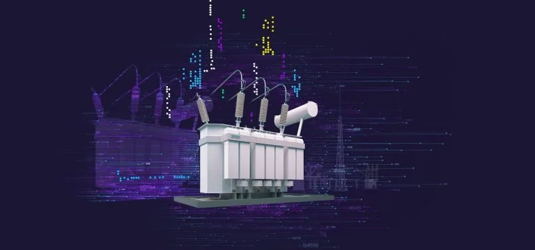 A white electrical transformer sits against a dark purple background with digital light streaks.
