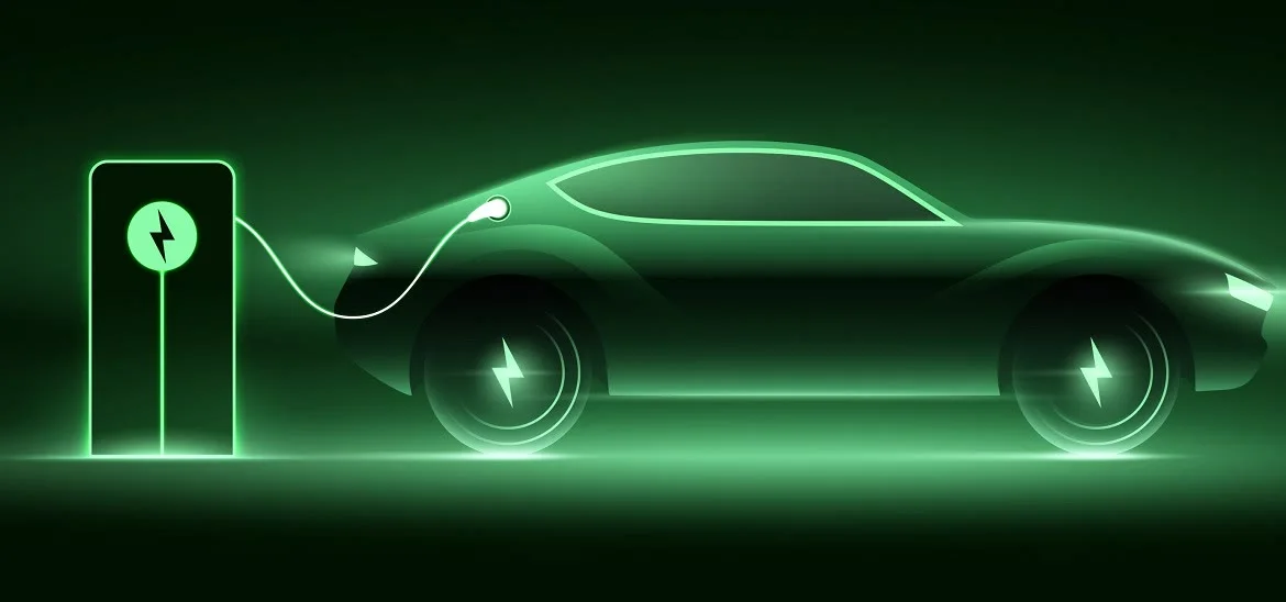 A green glowing outline of an electric car connected to a charging station.