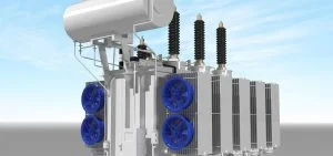 A large electrical transformer with blue cooling fans and several vertical insulators.