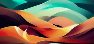 Abstract flowing waves in shades of teal, orange, and dark brown.