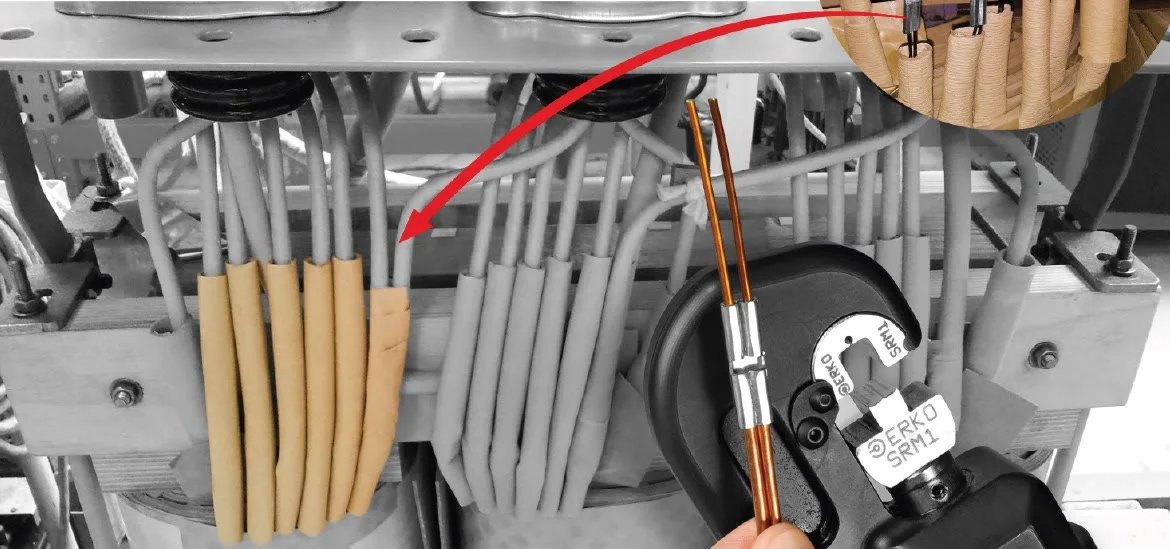 A red arrow points from a close-up of copper wires to a bundle of wires in a machine.