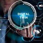 A person's finger touches a glowing digital interface displaying the words "DIGITAL TWIN" surrounded by various icons.