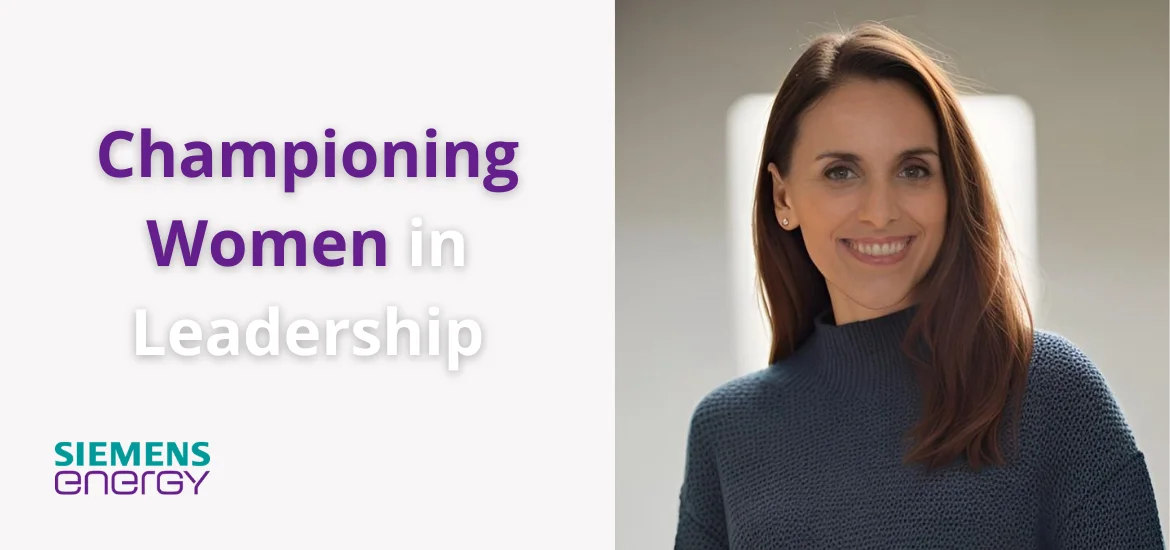 A woman smiles next to the text "Championing Women in Leadership" and the Siemens Energy logo.