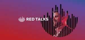 A man's profile is partially obscured by black vertical bars and the text "RED TALKS" on a red and purple gradient background.