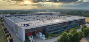 An aerial view of a large, modern industrial building with a flat roof.