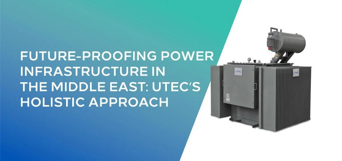 Text on a blue and teal background next to a large gray electrical transformer.