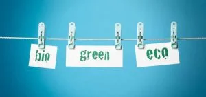 Three pieces of paper with the words "bio," "green," and "eco" hang from a clothesline with clothespins.