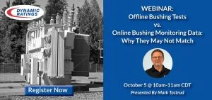 A black and white photo of electrical equipment sits next to blue text for a webinar.