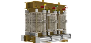 Three large electrical transformers sit on a metal base.