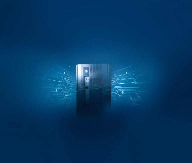 A server rack sits in the center of a blue background with glowing digital circuit lines.