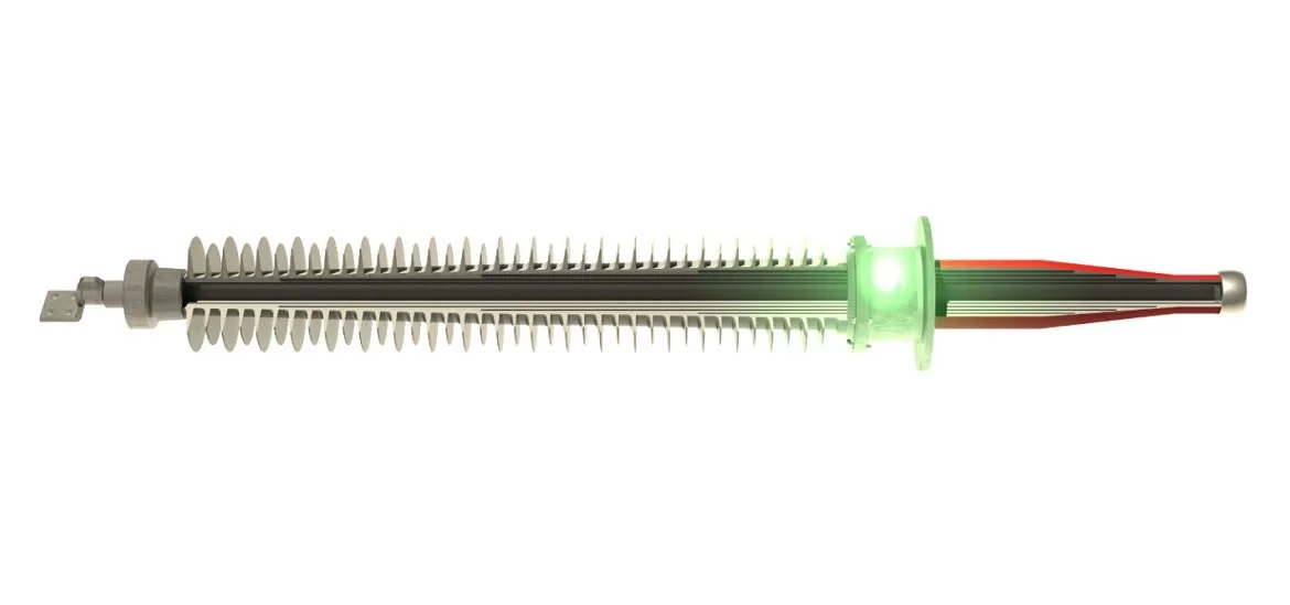 A long, cylindrical object with many thin, vertical fins along its length.