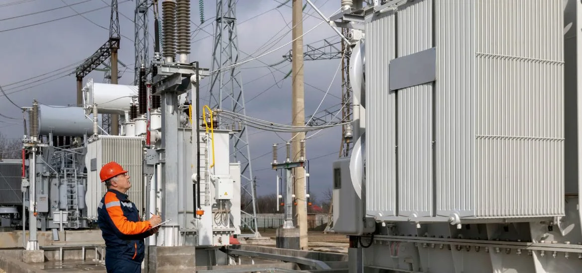 A person in a hard hat and orange jacket stands near electrical substation equipment.